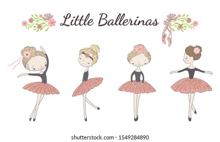 Vector set decorative elements for D.I.Y. colored cute little ballerinas. Vector graphic illustration isolated on white. 