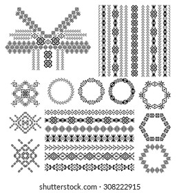 Vector set of decorative elements for fashion in ethnic style. Neck design, patterns, seamless texture, frames and borders