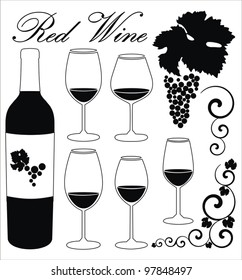 vector set with  decorative elements -  glasses for red wine, grapes, bottle, grapes ornaments and decoration