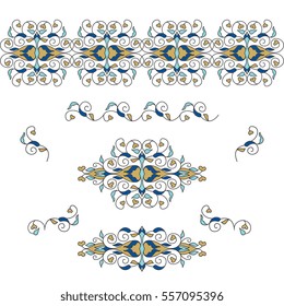 Vector set of decorative elements.  Golden floral borders. Ornate decor 
 for save the date, birthday, greeting card, wedding invitation, leaflet, poster, certificate, thank you message.
