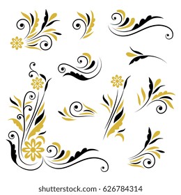 Vector set of decorative elements.  Golden black floral borders. Ornate decor 
for save the date, birthday, greeting card, wedding invitation, leaflet, poster, certificate, thank you message.
 