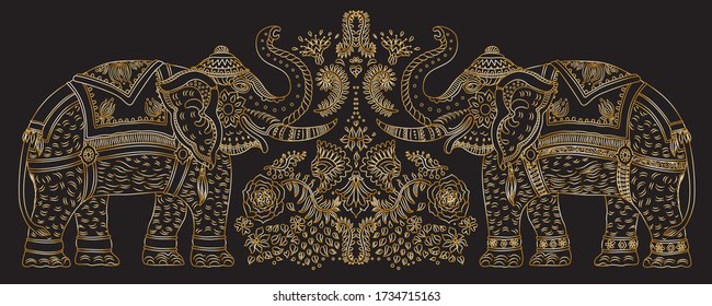 Vector set of decorative fantasy ornate Indian elephant with tropical leaves and flowers. Golden contour thin line, ethnic ornaments on a black background. T-shirt print. Batik paint, brochure cover