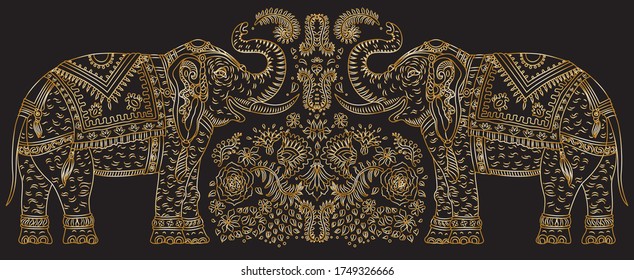 Vector set of decorative fantasy ornate Indian elephant with tropical leaves and flowers. Golden contour thin line, ethnic ornaments on a black background. T-shirt print. Batik paint, brochure cover