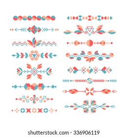 Vector set of decorative flat design elements, ethnic ornaments, borders and dividers, color decorations and brushes. 