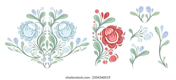 Vector set of decorative floral clipart isolated on white background. Geometric ornate floral illustrations with foliage and flowers for invitations, cards and stickers