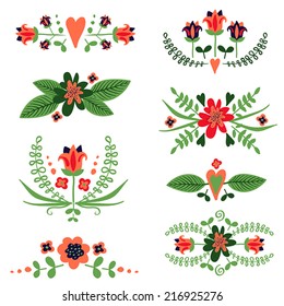 Vector set of decorative floral compositions with flowers, leaves, hearts