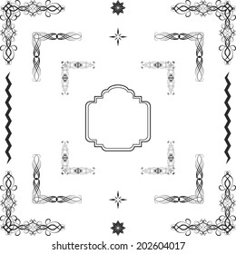  Vector set of  decorative  floral elements, corners, borders, frame. Page decoration.