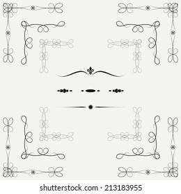  Vector set of decorative floral elements, corners, borders, frame. Page decoration.