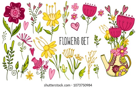Vector set with decorative flowers, leaves, hearts, jug on white background