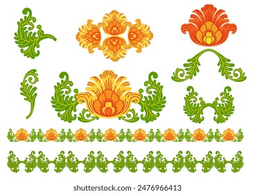 Vector set of decorative flowers and leaves. Isolated objects and borders. Color isolated illustration on a white background. For cards, print, engraving, clothes, linen, embroidery and dishes design