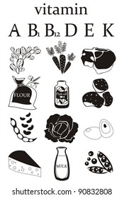 vector set with decorative food and vegetables which contain useful vitamins for peoples health on white background