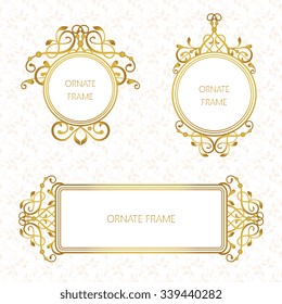 Vector set decorative frame. Elegant gold element for design template, place for text.Floral border. Lace decor for birthday and greeting card, wedding invitation.