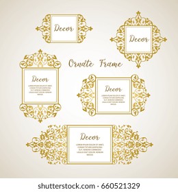 Vector set decorative frame. Elegant gold element for design template, place for text.Floral border. Lace decor for birthday and greeting card, wedding invitation.
