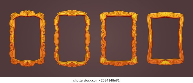 Vector set of decorative frames, ancient elegant vintage. Golden frame with engraving, carved wooden. A4 frame template with pattern. Decorative geometric ornament, vector cartoon illustration.