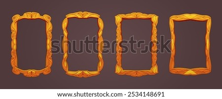 Vector set of decorative frames, ancient elegant vintage. Golden frame with engraving, carved wooden. A4 frame template with pattern. Decorative geometric ornament, vector cartoon illustration.