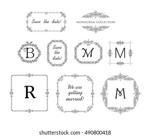 Vector set of decorative frames and vignette for wedding invitation, greeting card. Logo templates, vintage vector monogram, frames for menu card, restaurant, cafe, hotel, jewelry store