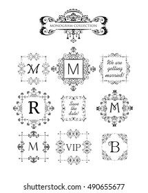 Vector set of decorative frames for wedding invitation, birthday greeting card. Vintage vignette for design template, logo, monogram, frames for menu card, restaurant, cafe, hotel, jewellery store