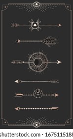 Conjunto vectorial de flechas de oro decorativas sobre un fondo negro con marco.