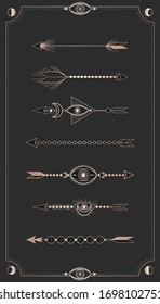 Conjunto vectorial de flechas de oro decorativas sobre un fondo negro con marco.