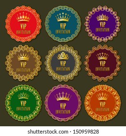 Vector set of  decorative gold ornate frames, labels for design invitation, card, menu. Floral elements, crowns, place for text. EPS 10.