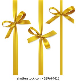 Vector set of decorative golden bows with vertical ribbon isolated on white. Yellow bow for gift decor