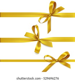 Vector set of decorative golden bows with horizontal ribbon isolated on white. Yellow bow for gift decor