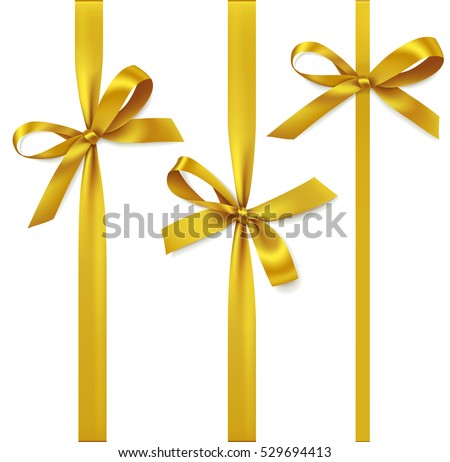 Vector set of decorative golden bows with vertical ribbon isolated on white. Yellow bow for gift decor