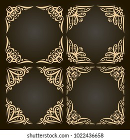 Vector set of decorative golden frames on dark, ornate decoration with flourishes for wedding invitation, 4 vintage borders with curls and dots, ornament with sophisticated indian design elements.