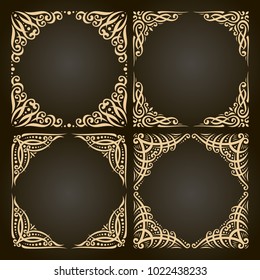Vector set of decorative golden frames on dark, ornate decoration with flourishes for wedding invitation, 4 vintage borders with curls and dots, ornament with sophisticated indian design elements.