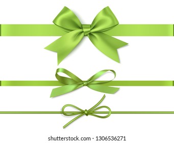 Vector set of decorative green bows with horizontal ribbon isolated on white