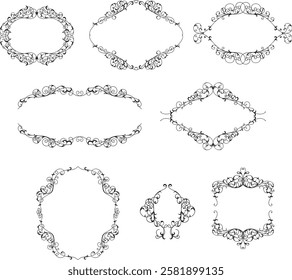 Vector set of decorative hand drawn elements, border, frame with floral elements for design of invitation, greeting, wedding, gift card, certificate, diploma, voucher. Page decoration in vintage style