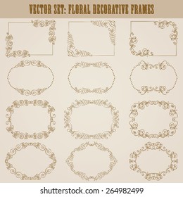 Vector set of decorative hand drawn elements, border, frame with floral elements for design of invitation, greeting, wedding, gift card, certificate, diploma, voucher. Page decoration in vintage style