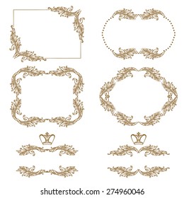 Vector set of decorative hand drawn border, divider, frame with floral elements for design of invitation, greeting, wedding, gift card, certificate, diploma, voucher. Page decoration in vintage style.