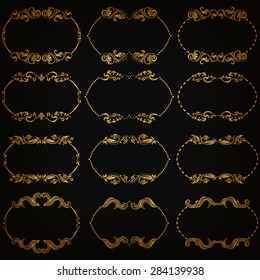 Vector set of decorative hand drawn elements, border, frame with floral elements for design of invitation, greeting, wedding, gift card, certificate, diploma, voucher. Page decoration in vintage style