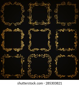 Vector set of decorative hand drawn elements, border, frame with floral elements for design of invitation, greeting, wedding, gift card, certificate, diploma, voucher. Page decoration in vintage style