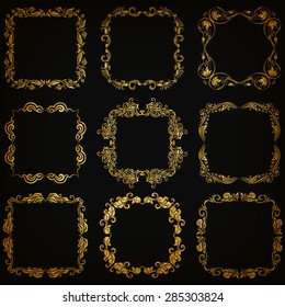 Vector set of decorative hand drawn elements, border, frame with floral elements for design of invitation, greeting, wedding, gift card, certificate, diploma, voucher. Page decoration in vintage style