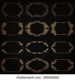 Vector set of decorative hand drawn elements, border, frame with floral elements for design of invitation, greeting, wedding, gift card, certificate, diploma, voucher. Page decoration in vintage style