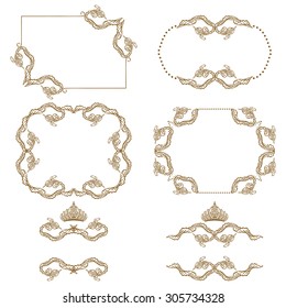 Vector set of decorative hand drawn border, divider, frame with floral elements for design of invitation, greeting, wedding, gift card, certificate, diploma, voucher. Page decoration in vintage style.