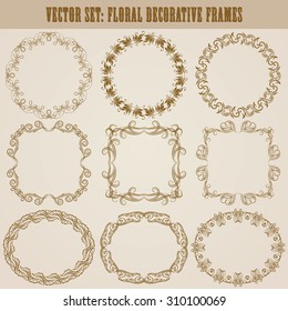 Vector set of decorative hand drawn elements, border, frame with floral elements for design of invitation, greeting, wedding, gift card, certificate, diploma, voucher. Page decoration in vintage style