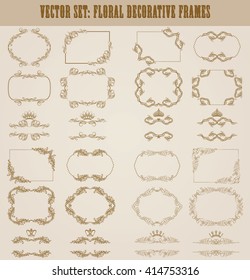 Vector set of decorative hand drawn border, divider, frame with floral elements for design of invitation, greeting, wedding, gift card, certificate, diploma, voucher. Page decoration in vintage style.