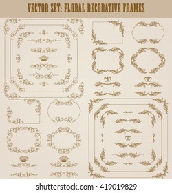 Vector set of decorative hand drawn border, divider, frame with floral elements for design of invitation, greeting, wedding, gift card, certificate, diploma, voucher. Page decoration in vintage style.