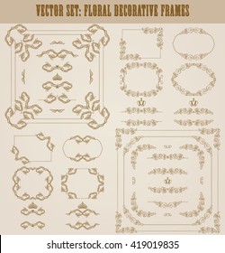 Vector set of decorative hand drawn border, divider, frame with floral elements for design of invitation, greeting, wedding, gift card, certificate, diploma, voucher. Page decoration in vintage style.