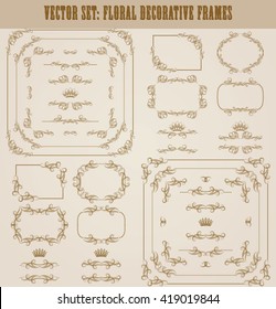 Vector set of decorative hand drawn border, divider, frame with floral elements for design of invitation, greeting, wedding, gift card, certificate, diploma, voucher. Page decoration in vintage style.