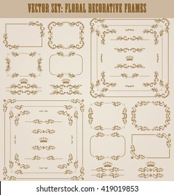 Vector set of decorative hand drawn border, divider, frame with floral elements for design of invitation, greeting, wedding, gift card, certificate, diploma, voucher. Page decoration in vintage style.