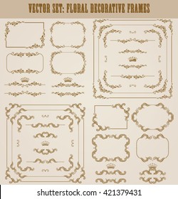 Vector set of decorative hand drawn border, divider, frame with floral elements for design of invitation, greeting, wedding, gift card, certificate, diploma, voucher. Page decoration in vintage style.