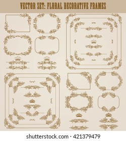 Vector set of decorative hand drawn border, divider, frame with floral elements for design of invitation, greeting, wedding, gift card, certificate, diploma, voucher. Page decoration in vintage style.