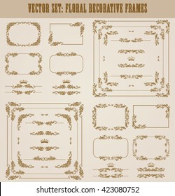 Vector set of decorative hand drawn border, divider, frame with floral elements for design of invitation, greeting, wedding, gift card, certificate, diploma, voucher. Page decoration in vintage style.