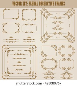 Vector set of decorative hand drawn border, divider, frame with floral elements for design of invitation, greeting, wedding, gift card, certificate, diploma, voucher. Page decoration in vintage style.