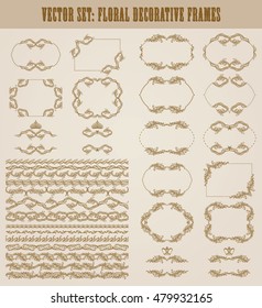 Vector set of decorative hand drawn border, divider, frame with floral elements for design of invitation, greeting, wedding, gift card, certificate, diploma, voucher. Page decoration in vintage style.