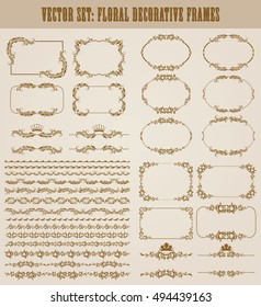 Vector set of decorative hand drawn seamless border, divider, frame with floral elements, crowns for design invitation, greeting, wedding, gift card, menu. Filigree page decoration in vintage style.